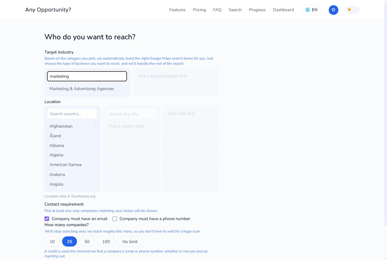 Choose the industry — we build the search terms