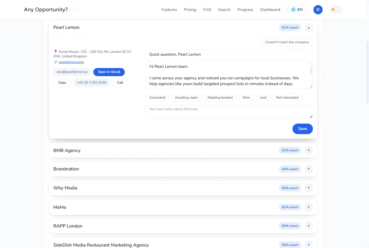 Email, phone, website and a ready draft on every card